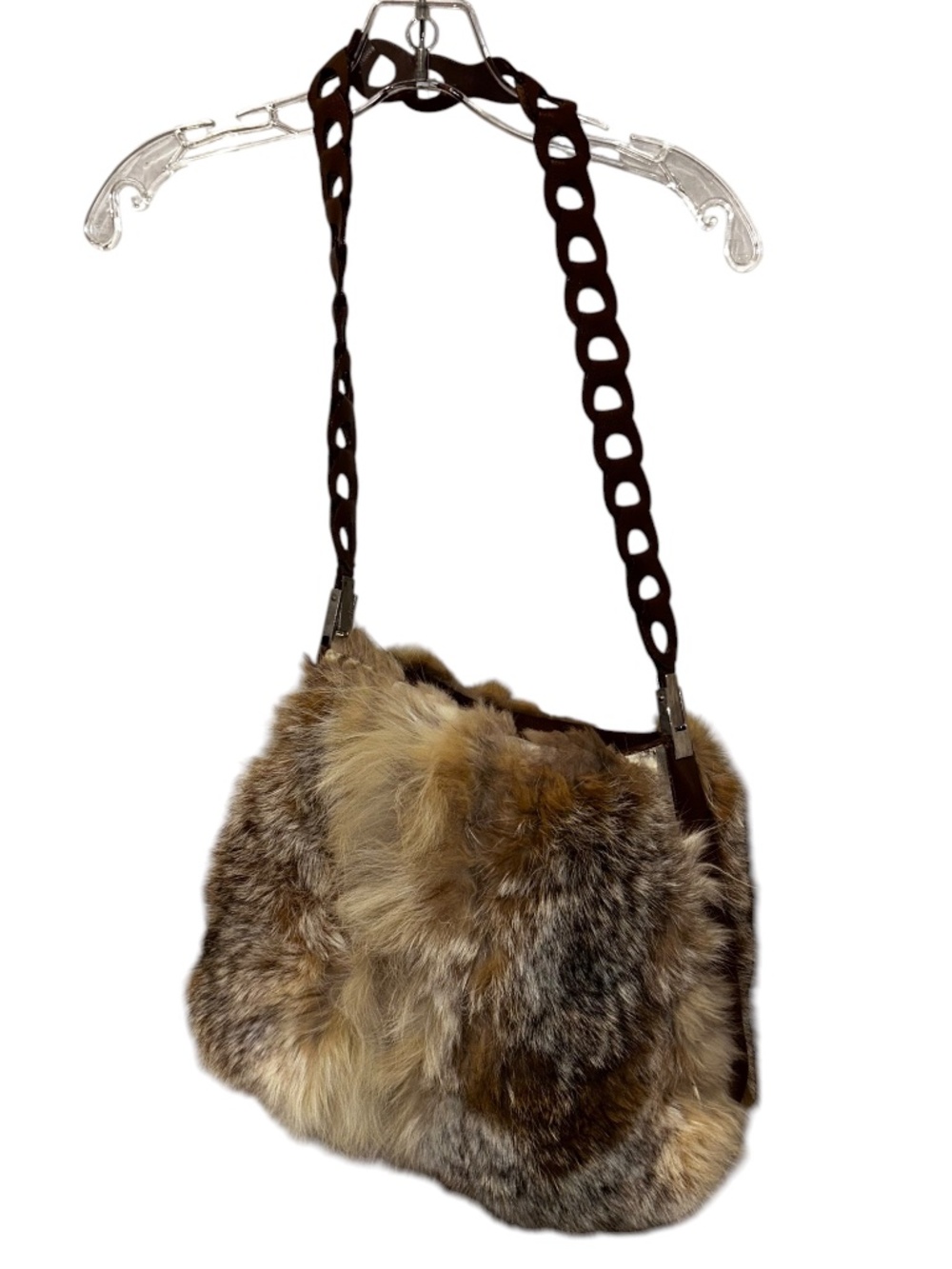 Real Fur coyote? brown leather trim strap purse bag